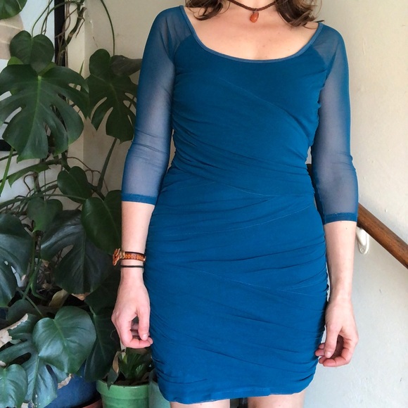 Bardot Ruched Mesh Bodycon Blue Mini Dress S - Picture 4 of 12